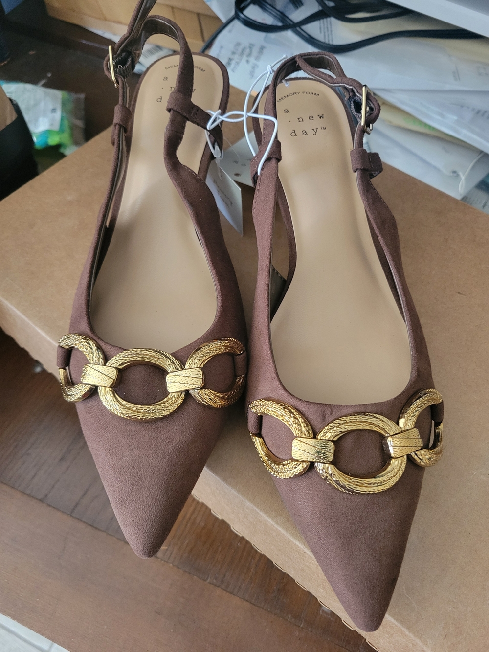 a new day Brown Pointed Slingback Flats with Gold Chain Accent